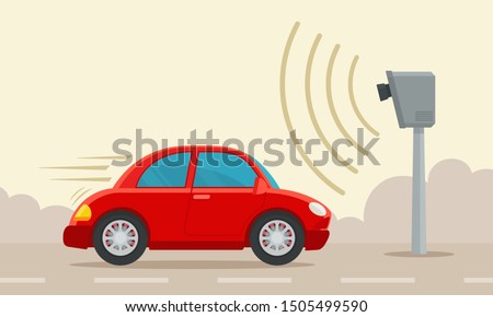 Speed control camera. Car speed monitoring radar on highway. Urban transport. Vector illustration, flat design, cartoon style. Isolated background. Side view.