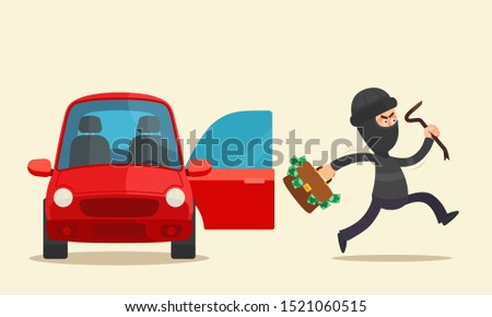 Car thief stole a bag with money from the car. Burglar with briefcase running away from red car with broken door. Vector illustration, flat design, cartoon style. Isolated background.