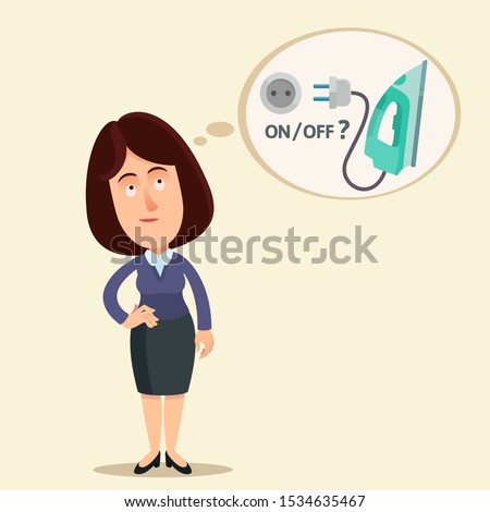 Confused woman don't remember iron is turn off or on. Did i forget to turn off iron? Memory disorder, disease. Vector illustration, flat design cartoon style. Isolated background.