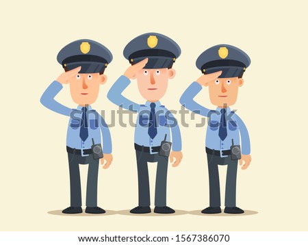 Saluting police officers in ceremony for solemn ceremony. Policeman salute with hand gesture, greeting, honor. Vector illustration, flat design cartoon style. Isolated background.