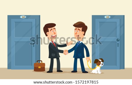 Good neighborly relations. Two smiling men of the good neighbors greet each other in morning. Handshake, wish a good day. Vector illustration, flat design cartoon style.