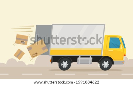 Boxes fall from truck as the back door is not closed. Truck drives at high speed and loses cargo. Сareless driver. Danger accident. Vector illustration, flat design, cartoon style.