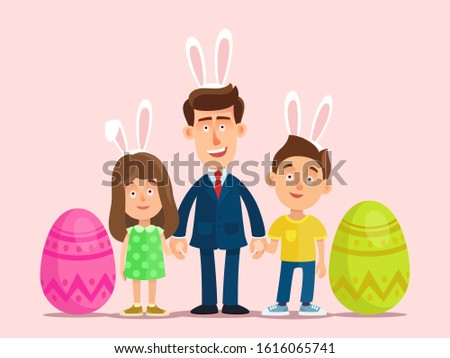 Happy father with son and daughter with bunny ears on heads, hold hands. Children greet dad from work to celebrate Easter. Vector illustration, flat design cartoon, isolated background.