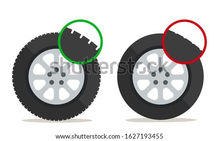 Check tire tread depth, banner, poster. Auto tire change service. Good and worn tyre. Control car wheel condition. Vector illustration, flat design element. Isolated on white background.