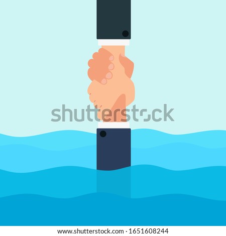 Helping hand, help and hope. Human hand pulls a friend out of the water. Mutual assistance, friendship and brotherhood. Vector illustration, flat design cartoon style.