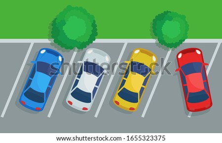 Parking violations. Red car parked on the dividing strip, top view. Place for public parking. Vector illustration, flat design cartoon style.