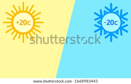 Versus background, screen. Summer vs winter, cold and heat. Yellow-blue background with sun and snowflake sign. Vector illustration, flat design, cartoon style.