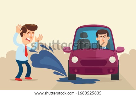 A car drove into a muddy puddle and splashes dirty water to pedestrian on the sidewalk. Bad and discourtesy driver. Vector illustration, flat design, cartoon style, front view. Foto stock © 