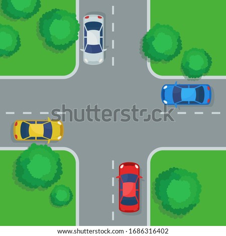 Crossroad with cars, top view. Four car ways crossing, intersection, traffic laws, rules. Urban infrastructure, city map. Vector illustration, flat design, cartoon style.