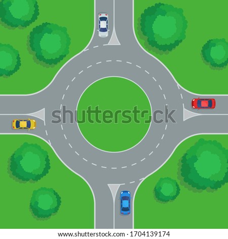 Road with circular motion, roundabout, top view. Traffic crossway, grass and trees.  Vector illustration, flat design.