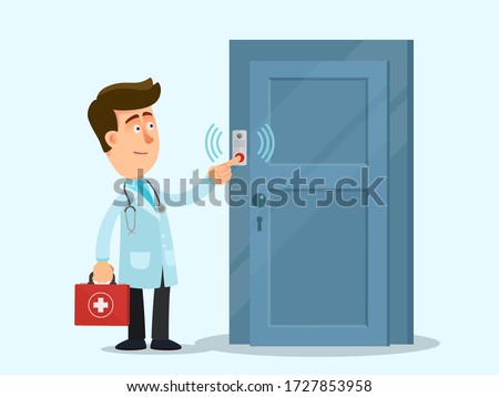 Doctor's home visit. Physician ring to doorbell, emergency visit to sick patient at home. Vector illustration, flat design, cartoon style, isolated background.