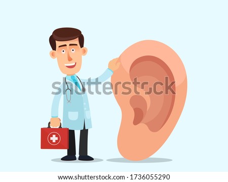 Ear doctor. The physician, specialist holds a big sign - human ear. Vector illustration, flat design, cartoon style, isolated background.