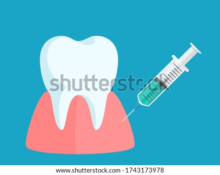 Anesthetic injection in the gum, anesthesia for the treatment of the tooth. Dental care, painkiller medication. Medical vector illustration, flat design, cartoon style, isolated background. Сток-фото © 