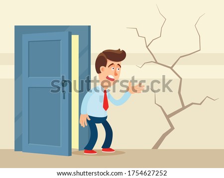 Crack in the wall of house. Frustrated resident of the house looks at a huge crack in the wall. Old house is in poor condition, repairs are needed. Vector illustration, flat design cartoon style.