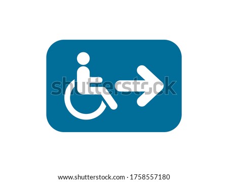Blue sign with wheelchair and right arrow pointer, isolated on white background. Handicapped accessible entrance sign. Vector illustration, flat design.