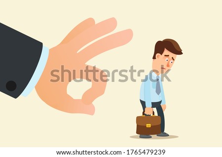 The company fired a young employee. The boss’s big hand flicking the dismissed employee. Crisis and unemployment, humiliating dismissal. Business vector illustration, flat cartoon, isolated.