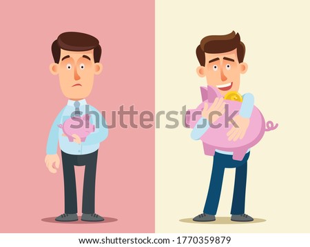 Happy businessman hugs a full piggy bank with cash money. Another unhappy businessman is holding a small empty piggy bank. Make financial savings. Vector illustration, flat cartoon style, isolated.