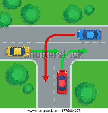 T-intersection, T-junction with cars driving into arrows direction. Crossroads in city, top view. Vehicles on the t shaped intersection. Vector illustration, flat design, cartoon style.