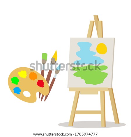Easel and colorful palette with paints, paint brushes. Artist's elements. Banner for the school of drawing. Vector illustration, flat design, cartoon style, isolated on white background.