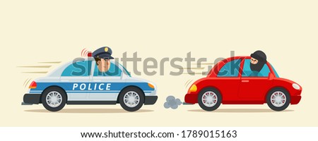 Police officer in car with flashing red light chasing the car thief. Car theft, hijacking, carjacker. Vector illustration, flat cartoon style. Isolated background, side view.