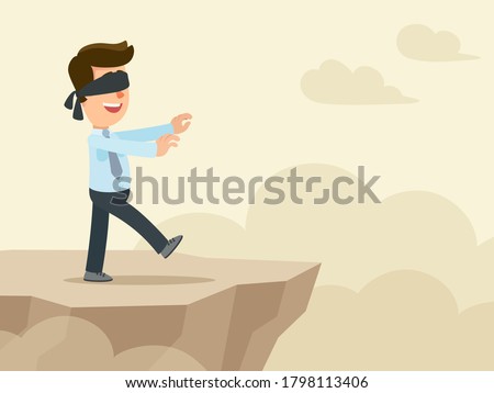 A blindfolded young businessman walks along the edge of the abyss. Risky and dangerous business. Vector illustration, flat design, cartoon style.