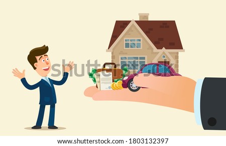 The young man inherited a house, a car and money. Bonus to a company employee. Inheritance from relatives. Business vector illustration, flat design, cartoon style, isolated background.
