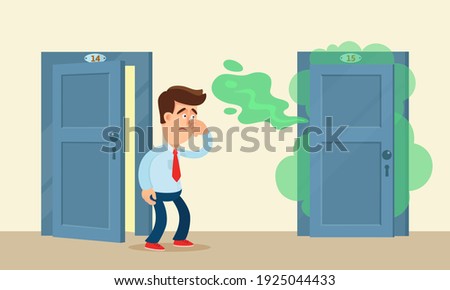 Man covered nose with hand because of the strong stench from the neighbor's apartment. Very stinking smell in the house. Vector illustration, flat design, cartoon.