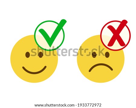 A good mood is allowed, a bad one is prohibited. Only for happy people. Happy emoji with green check mark -yes, unhappy emoji with sign -no. Vector illustration, flat design banner, isolated on white