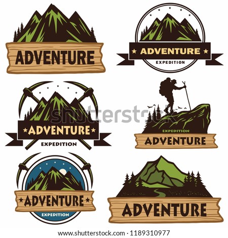Camping Logo Set, Templates, Vector Design Elements, Outdoor Adventure Mountains and Forest Expeditions. Vintage Emblems and Badges Retro Illustration Collections