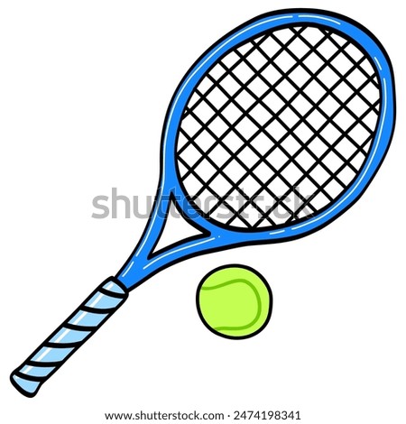 Tennis Racket with Ball Doodle Drawing Vector Illustration