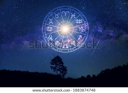 Zodiac signs inside of horoscope circle. Astrology in the sky with many stars and moons  astrology and horoscopes concept