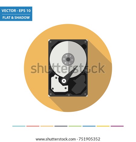 Hard disk drive flat icon with long shadow. Vector Illustration.