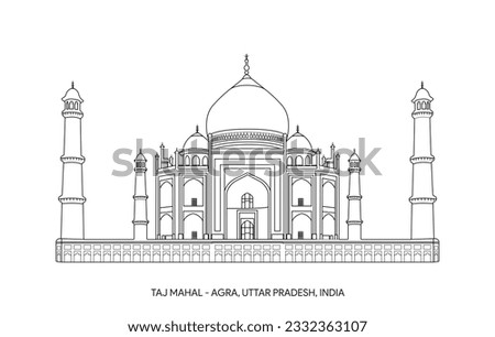 Taj Mahal - Agra, Uttar Pradesh India - Line Art Vector Illustration