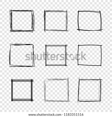 Vector Hand Drawn Scribble Square Frames on Transparent Background, Design Elements Set.