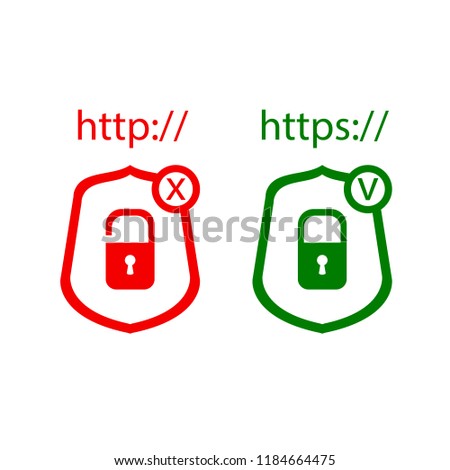 Vector Icons: http and https Protocols with Lock, Green and Red Icons, Check and Cross: Red and Green Colors.