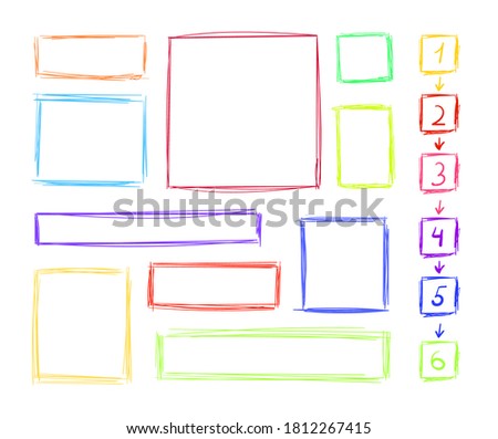 Vector scribble lines square frames set isolated on white background, colorful illustration, blank frames, different colors.