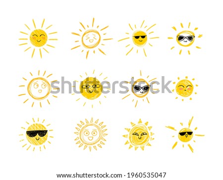 Vector Doodle Suns with Sun Glasses and Smiles, Set of Hand Drawn Funny Icons Isolated on White Background, Bright Yellow Color.