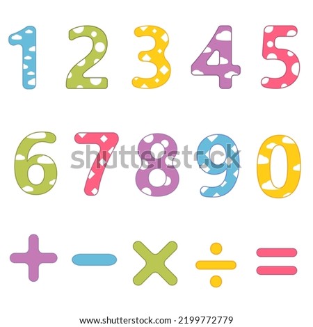 Set of math symbols. Numbers from zero to nine. Kids vector illustration