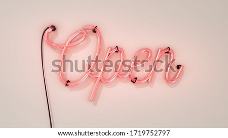 Bright electric neon red sign saying the word Open on a white background, indicating a store, shop, pub or restaurant is now open for business sign.