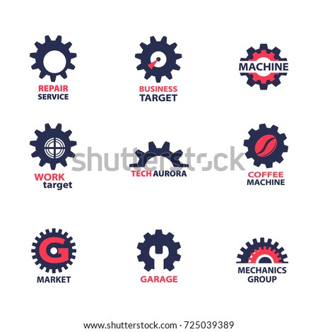 Set of gear wheel icons and logos, isolated on white background. Vector illustration.