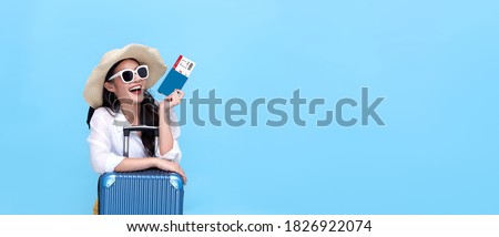 Similar – Image, Stock Photo Delighted female traveler out of car window