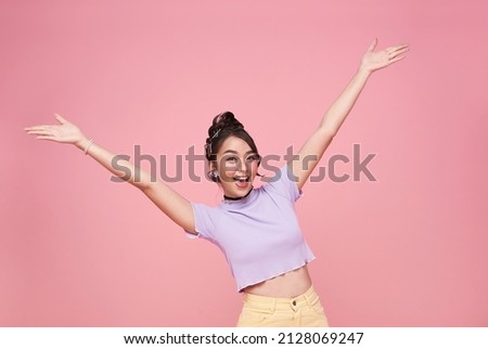Similar – Image, Stock Photo Young Woman Raising Arms Behind Grey Concrete Wall
