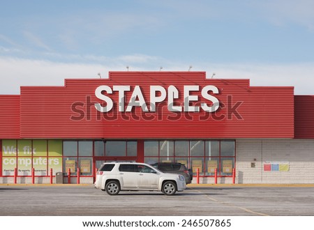TRURO, CANADA - JANUARY 23, 2015: Staples is an office supply retail outlet with over 2,000 stores in 26 countries.