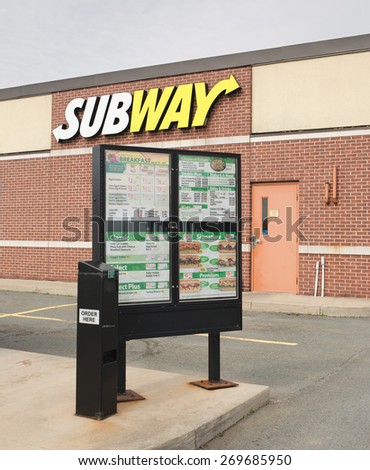 TRURO, CANADA - JULY 11, 2014: Subway drive-through area. Subway is an American fast food franchise offering sub sandwiches and salads. Subway has over 42,912 restaurants worldwide.