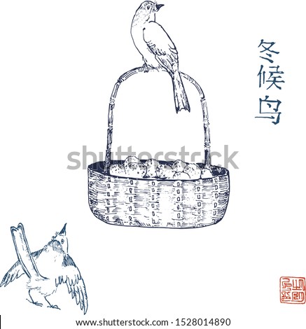 Chinese birds and basket of fruits vector hand drawing illustration. Traditional oriental ink painting sumi-e, u-sin, go-hua. Hieroglyphs translates overflight birds, wintering in China.