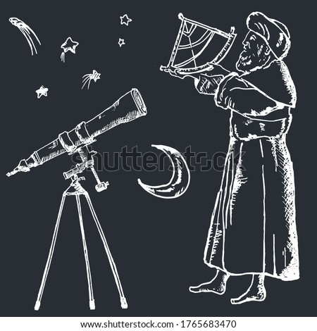 Astronomy sketch vector illustration of ancient astronom using sextant. Stars, moon and telescope, astronomical set of vintage engraving.