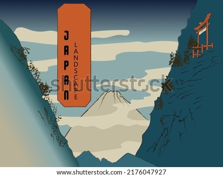 Antique ukiyo-e period landscape of utagawa hiroshige. Ancient China. Traditional Chinese paintings. Tradition and culture of Asia. Hand drawn historical vector illustration. Classic wall drawing.