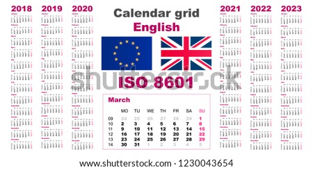 Set grid wall calendar english for 2018, 2019, 2020, 2021, 2022, 2023, ISO 8601 with weeks