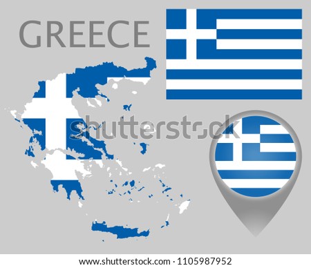 Colorful flag, map pointer and map of Greece in the colors of the Greek flag. High detail. Vector illustration