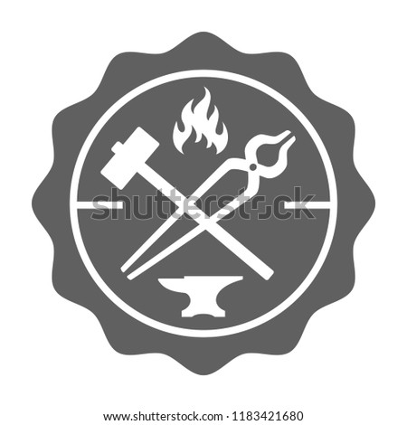 Blacksmith stamp in retro style. Logo. Forge design with forging tools including hammer, anvil, tongs and fire. Vector illustration